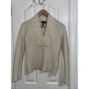 Lauren Ralph Lauren Ivory Beige 100% Lambswool V-Neck Knit Sweater Pullover Sz S
